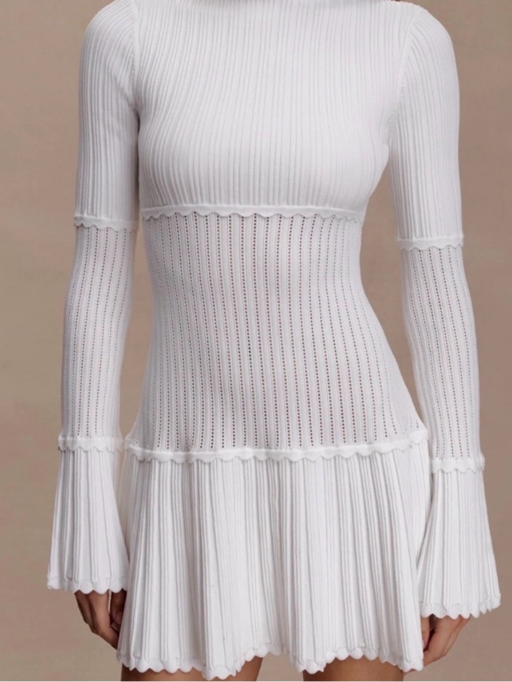 Meshki White Ribbed Knit Long-Sleeve Pleated Mini Dress